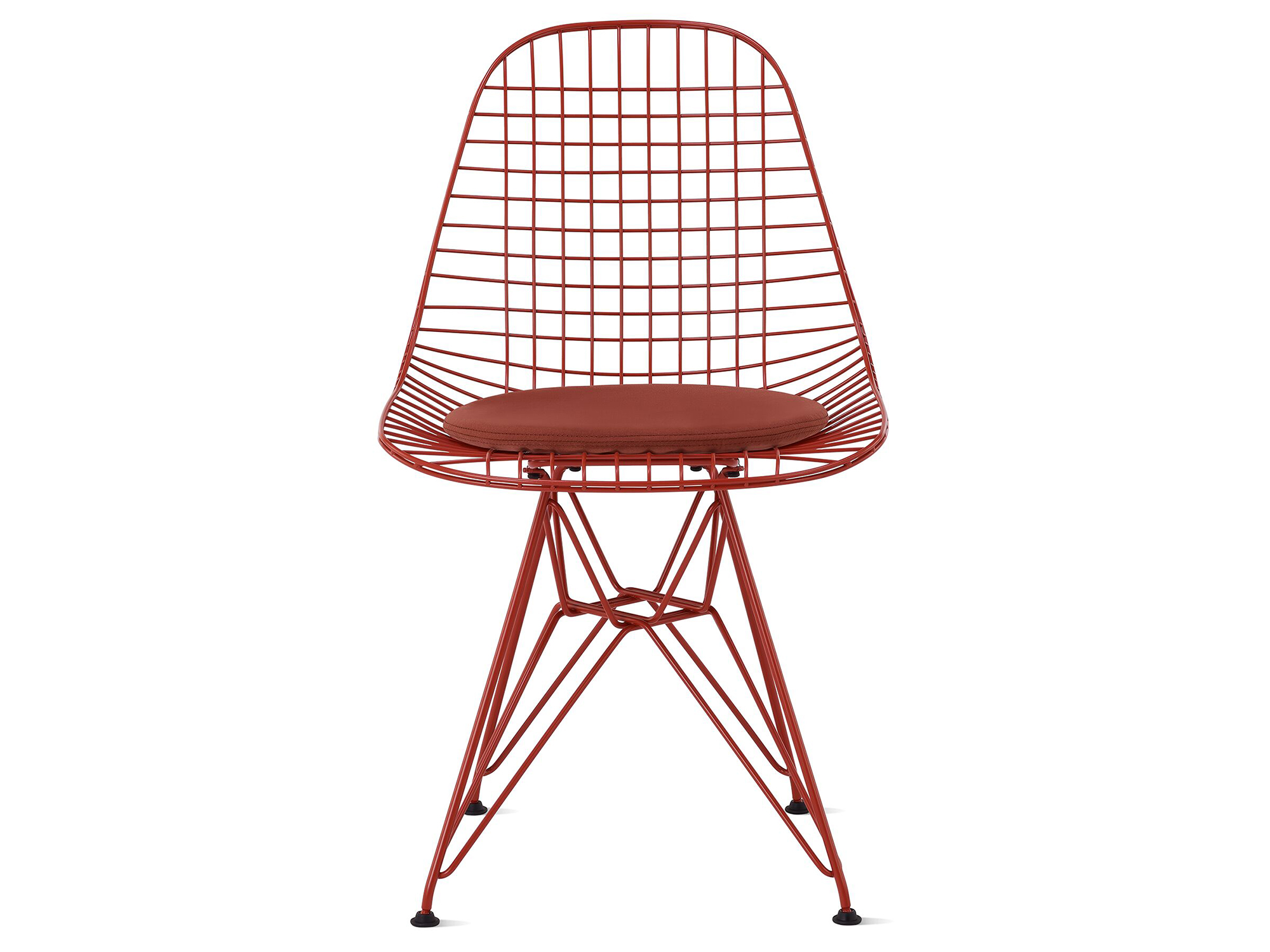 Iron red wire upholstered chair with wire base front view